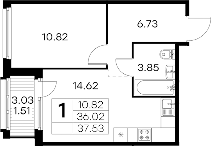 1-комнатная квартира 37.53 м², 8/15 эт., ЖК «GloraX Парголово»